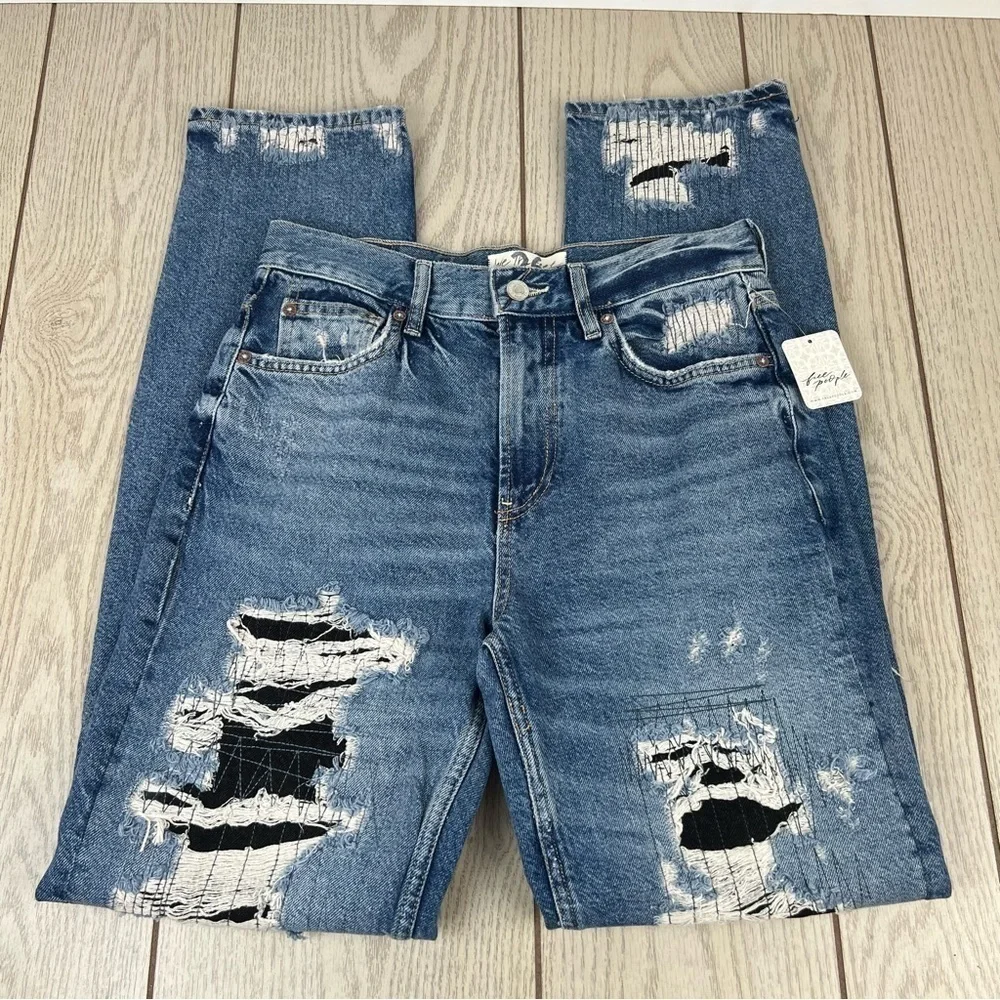Free People McCoy Destroyed Patch Straight Leg Jeans 26 Tattered Blue $148